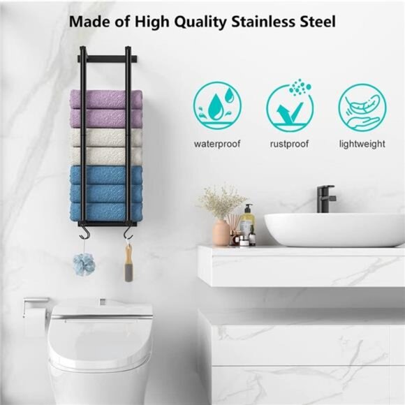 Wall Towel Rack, 2 Bar Towel Racks, Metal Bath Towel Holder, Black - Picture 4 of 8